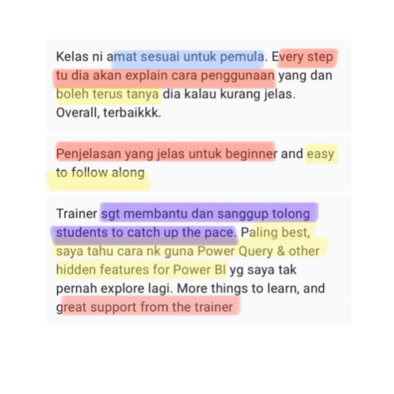 Screenshot feedback peserta tentang penerangan langkah demi langkah dan bimbingan trainer