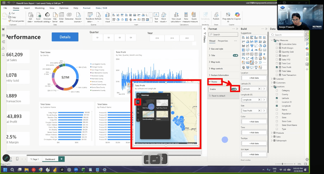Screenshot sesi latihan: dashboard Sales Performance dalam Power BI Desktop
