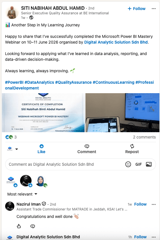 Screenshot perkongsian pembelajaran Power BI di LinkedIn oleh Siti Nabihah
