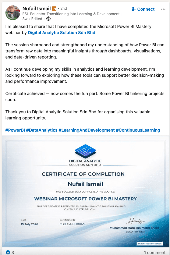Screenshot perkongsian pembelajaran Power BI di LinkedIn oleh Nufail Ismail