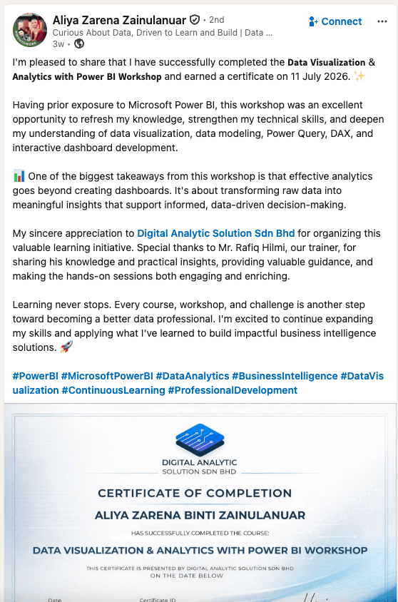 Screenshot perkongsian pembelajaran Power BI di LinkedIn oleh Aliya Zarena