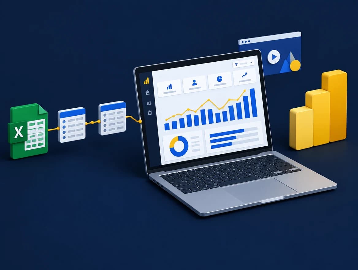Ilustrasi 3D pembelajaran Power BI melalui laptop: Excel, model data dan dashboard disambungkan dalam satu aliran