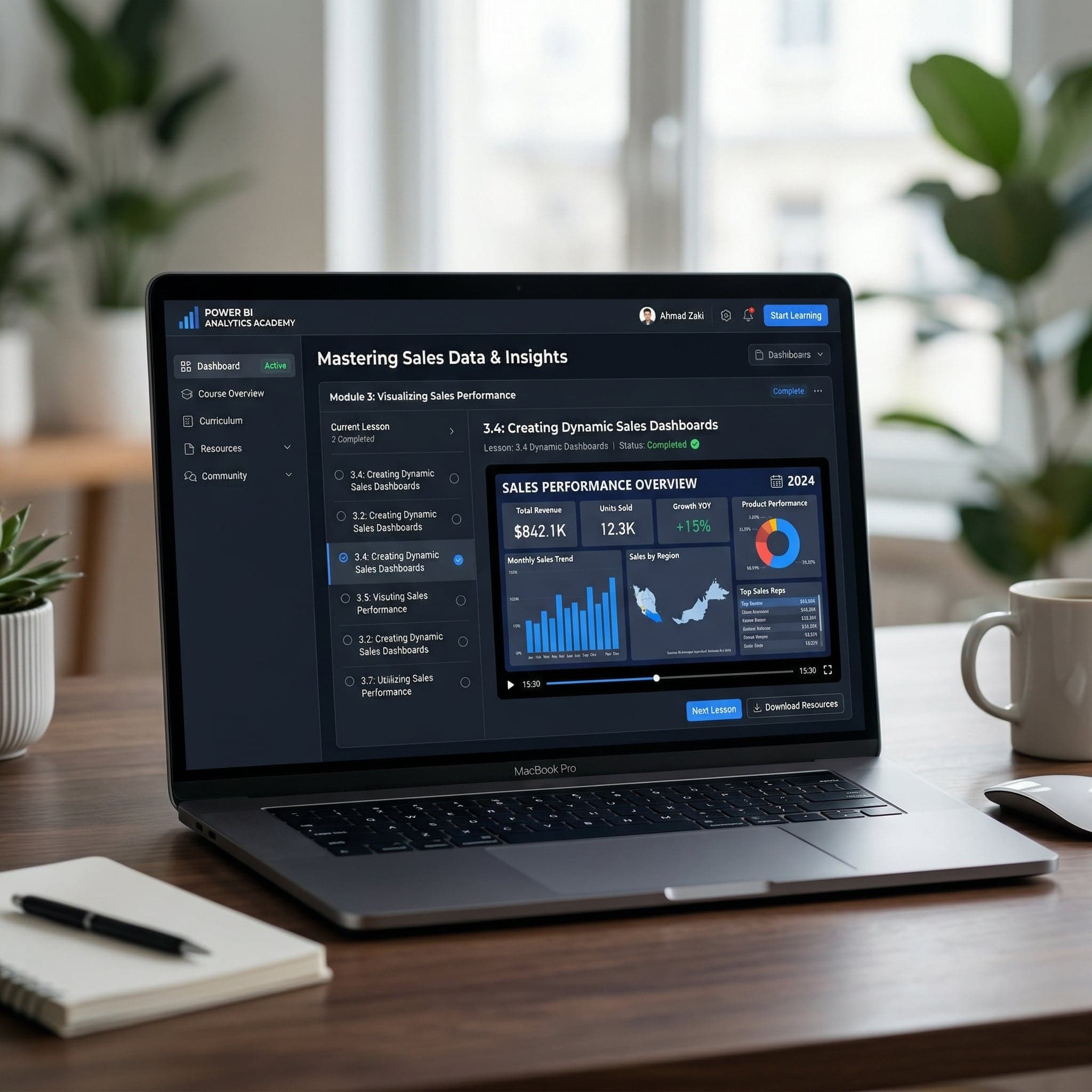 Ilustrasi belajar dashboard Power BI melalui video pada laptop