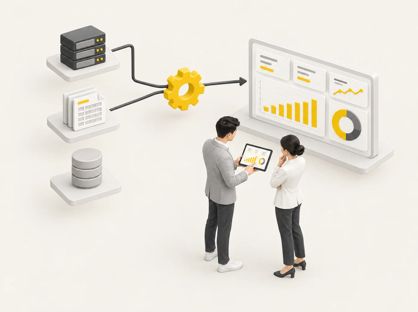 Ilustrasi 3D data daripada server, spreadsheet dan database diautomasi menjadi dashboard, diserahkan oleh konsultan kepada klien