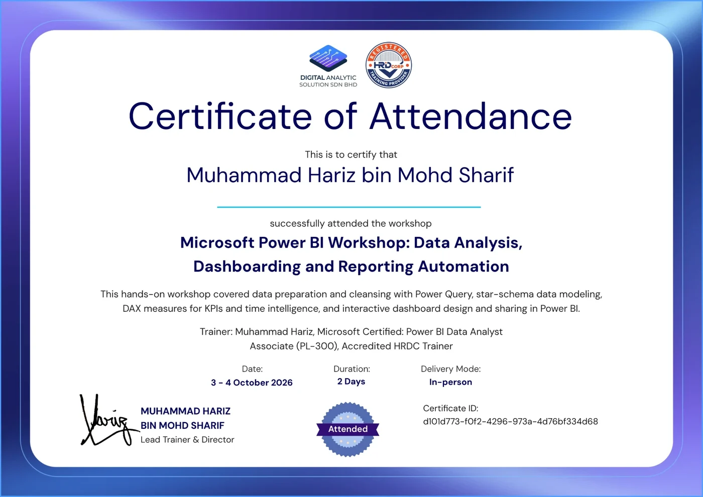 Contoh e-certificate of attendance Digital Analytic Solution untuk Microsoft Power BI Workshop, dengan logo HRD Corp, tandatangan trainer dan Certificate ID