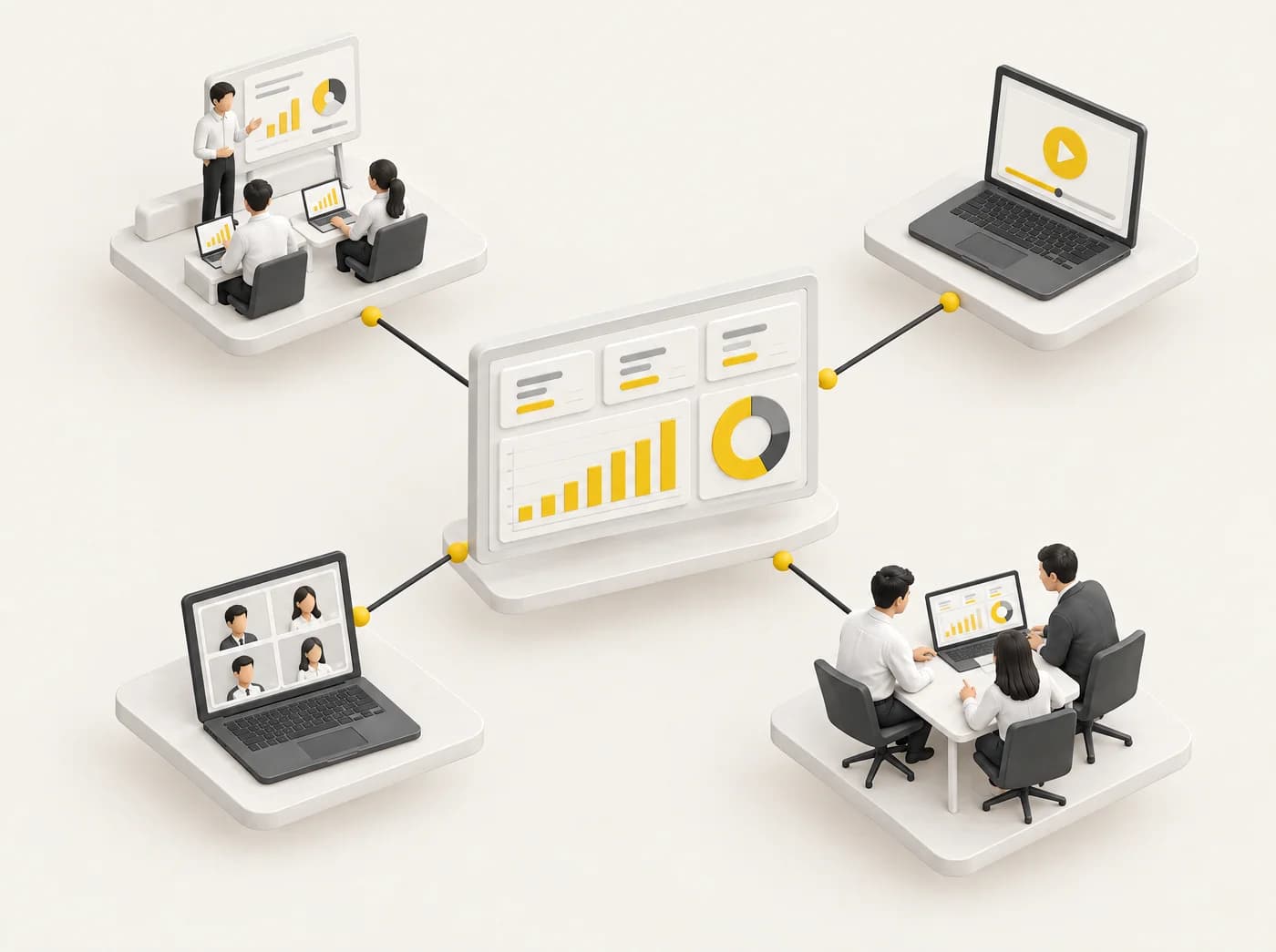Ilustrasi 3D satu dashboard dihubungkan kepada kelas, e-learning, kelas live dan mesyuarat syarikat