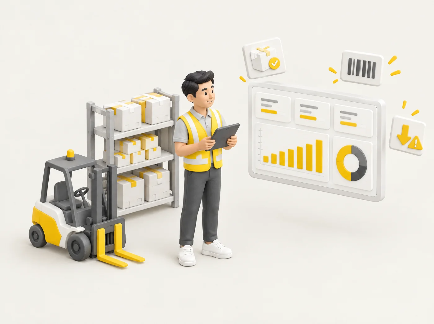 Ilustrasi 3D penyelia gudang memegang tablet di sebelah rak kotak dan forklift, dengan dashboard stok di sebelahnya