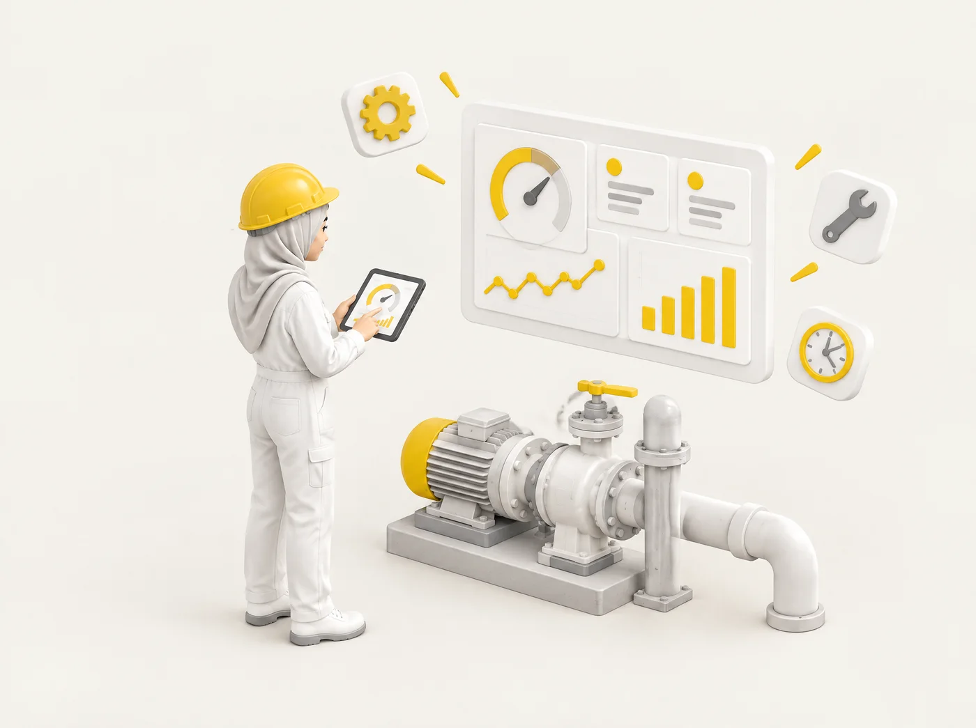 Ilustrasi 3D jurutera maintenance bertudung dengan topi keselamatan memegang tablet di sebelah pam industri, dengan dashboard OEE di sebelahnya