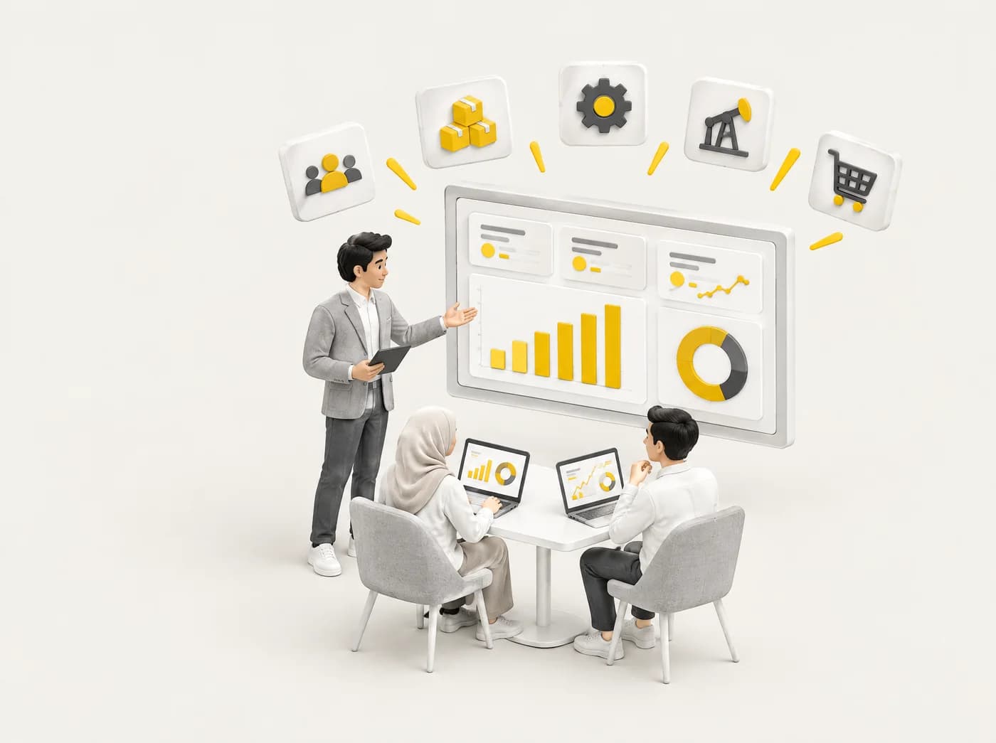 Ilustrasi 3D analyst membentangkan dashboard kepada dua rakan sekerja, dengan ikon HR, inventori, maintenance, oil & gas dan perolehan di atas skrin