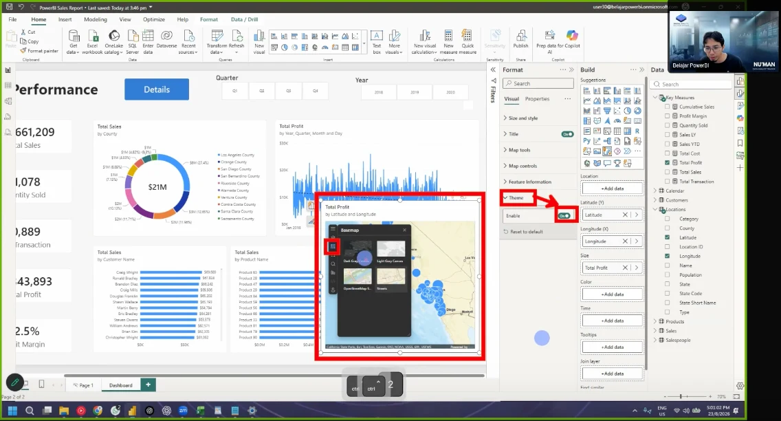 Skrin Power BI Desktop daripada kelas live, menunjukkan report Performance dan panel Format