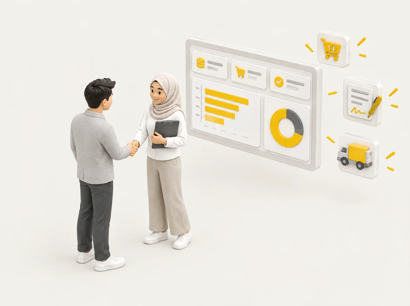 Ilustrasi 3D eksekutif perolehan bertudung berjabat tangan dengan pembekal, dengan dashboard perbelanjaan di sebelah mereka