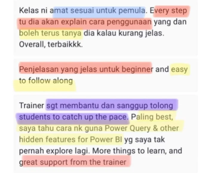Maklum balas: kelas amat sesuai untuk pemula, penjelasan yang jelas untuk beginner and easy to follow along, trainer sangat membantu dan great support