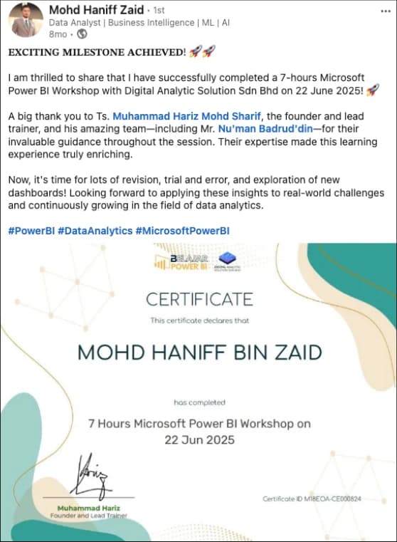 Post LinkedIn Mohd Haniff Zaid: berjaya siapkan 7-hours Microsoft Power BI Workshop pada 22 Jun 2025, dengan sijil