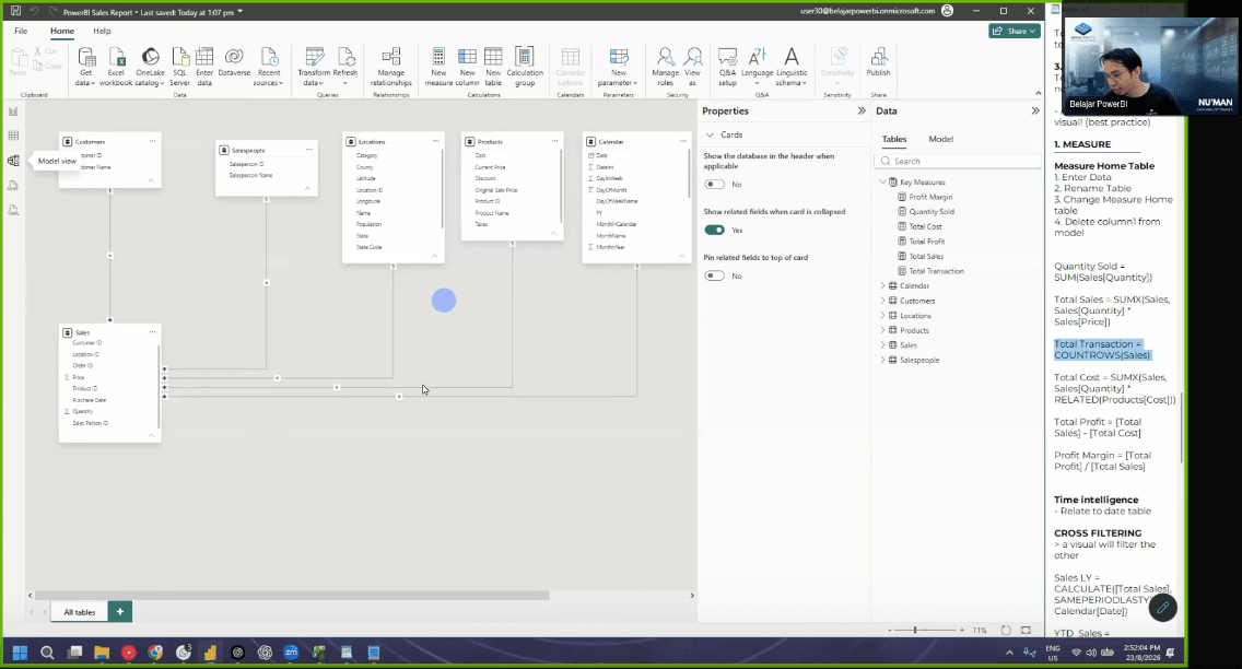 Screenshot sesi latihan menunjukkan relationship antara table dalam Power BI