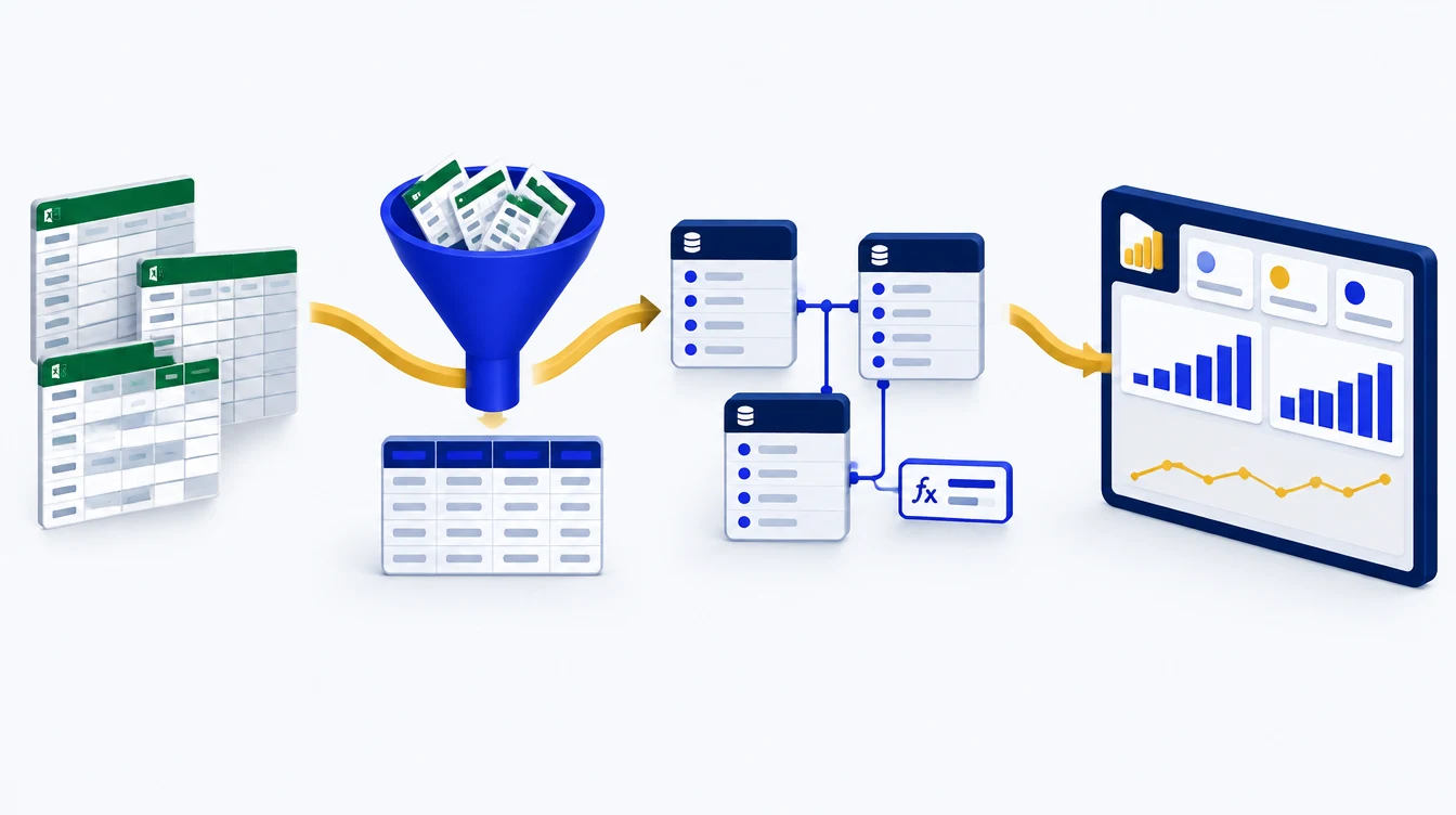 Ilustrasi 3D workflow Power BI: data cleansing, sambungkan table, calculate KPI dan susun dashboard