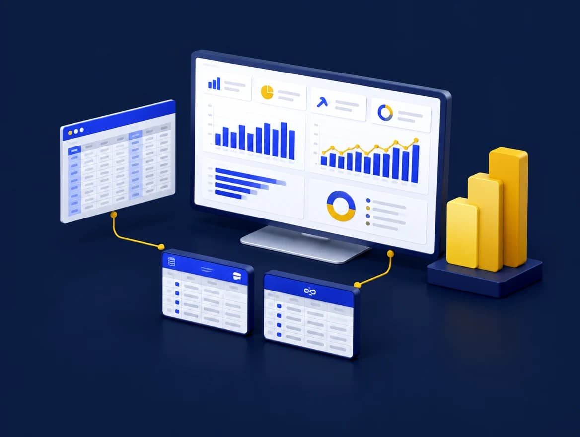 Ilustrasi 3D ruang kerja Power BI: data Excel, relationship antara table dan paparan dashboard