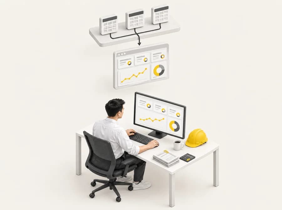 Ilustrasi 3D beberapa spreadsheet digabungkan menjadi satu dashboard