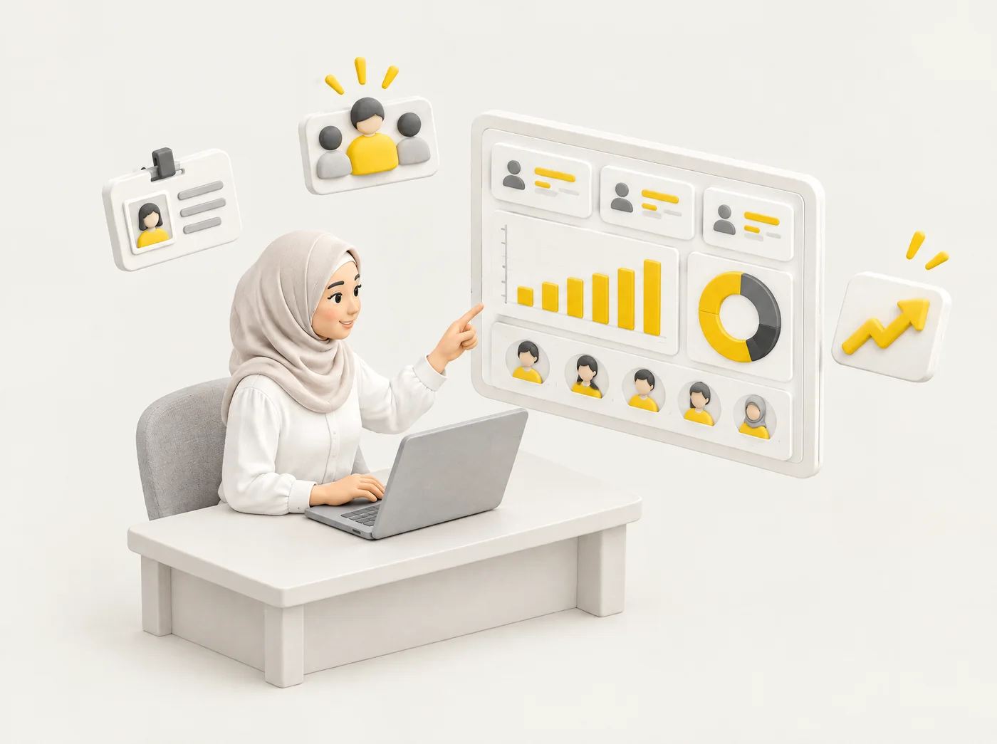 Ilustrasi 3D pegawai HR bertudung di meja kerja menunjuk ke dashboard HR dengan kad KPI, chart dan ikon pekerja