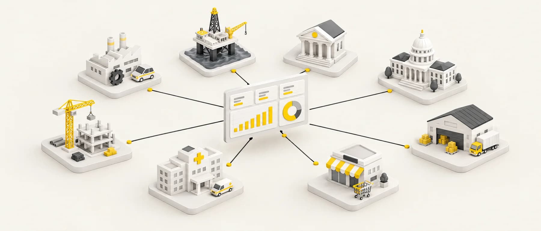 Ilustrasi 3D industri seperti kilang, pelantar minyak, bank, kerajaan, logistik, runcit, hospital dan pembinaan yang bersambung ke satu dashboard