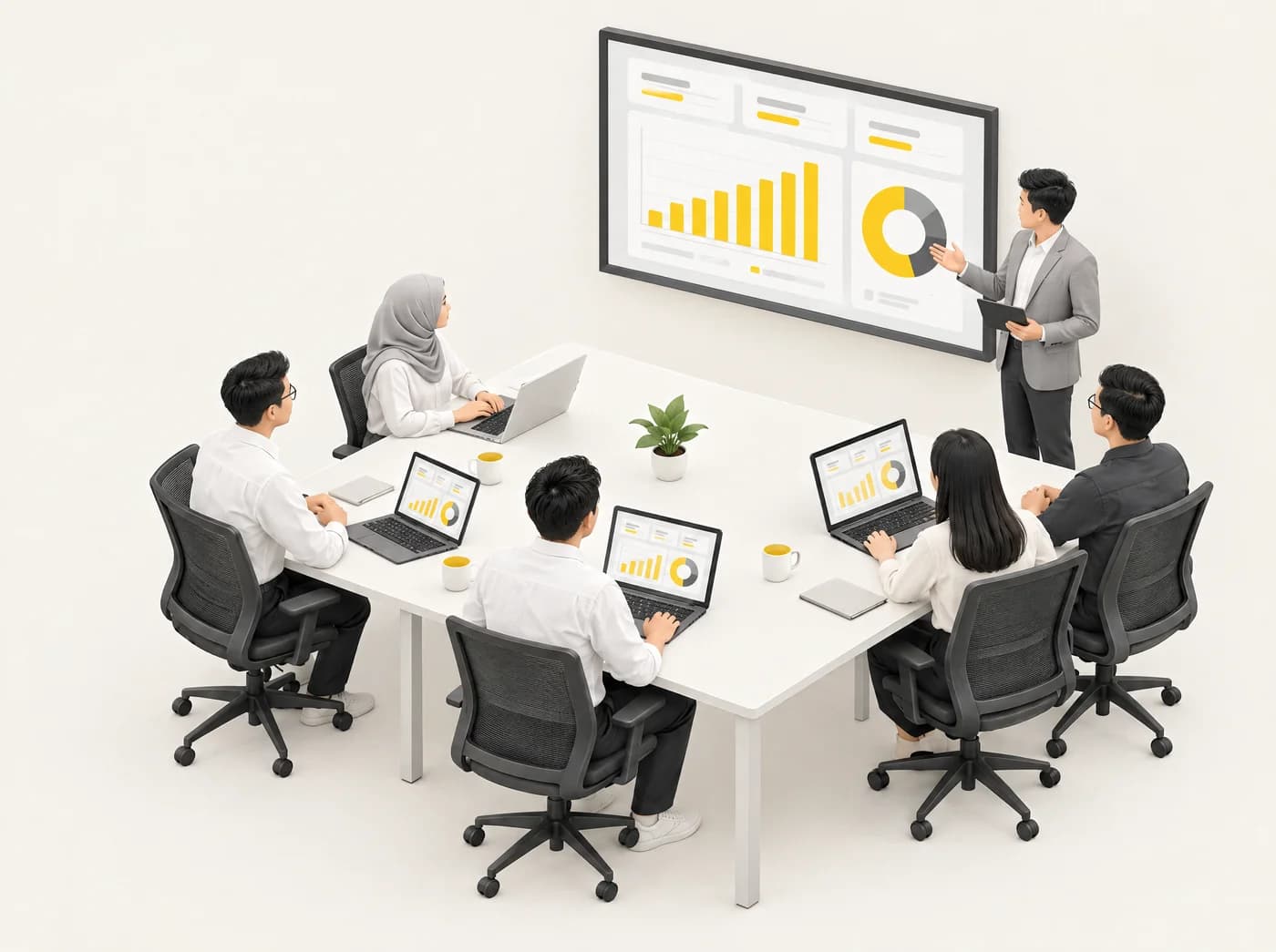 Ilustrasi 3D latihan in-house: trainer di sebelah skrin dashboard dengan pasukan di meja mesyuarat