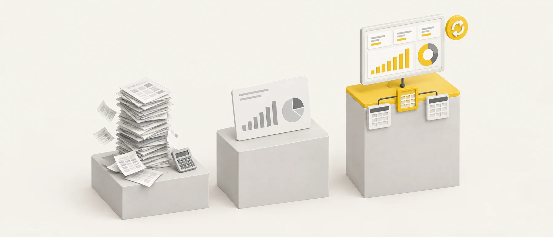 Ilustrasi 3D tiga pentas: timbunan spreadsheet, kad chart ringkas, dan dashboard Power BI dengan data model di pentas paling tinggi