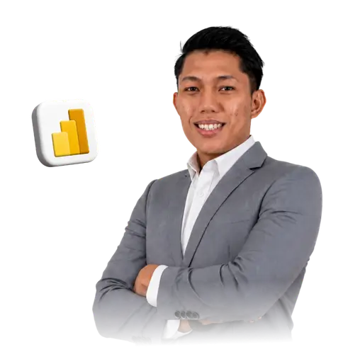 Hariz Sharif bersama ikon Power BI, daripada bahan latihan penganjur